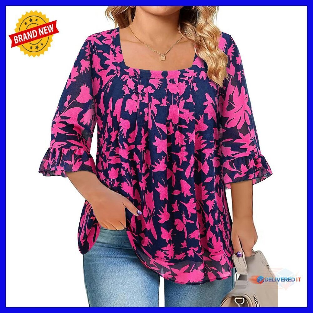Plus Size Chiffon Tunic Blouse Square Neck 3/4 Sleeve Summer Top